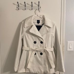 Rampage Winter Coat , double breasted beige colored coat with tie belt.